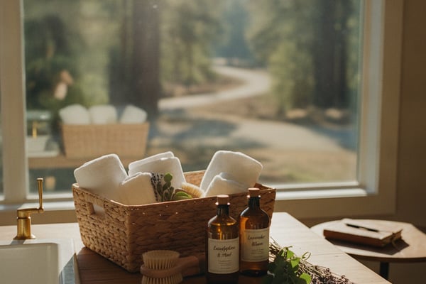 Bathroom counter with woven basket of white towels, essential oil bottles, and dried lavender, overlooking forested driveway through window