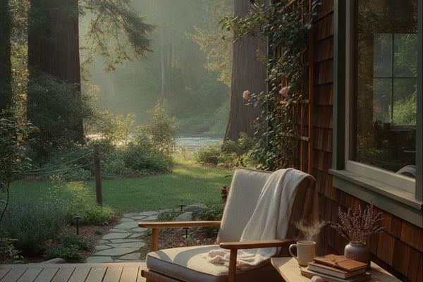 Wooden deck with mid-century chair and side table overlooking misty forest and river