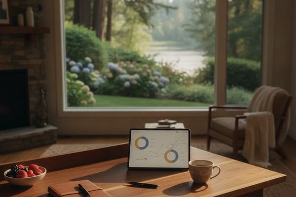 Living room with wooden desk, tablet, coffee cup, and view of garden with blue hydrangeas and lake through large windows
